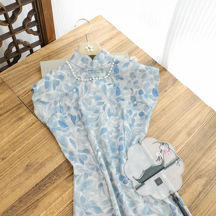 俏娘鱼2025夏季新款蓝色素雅淑女范新中式短袖旗袍女日常可穿年轻