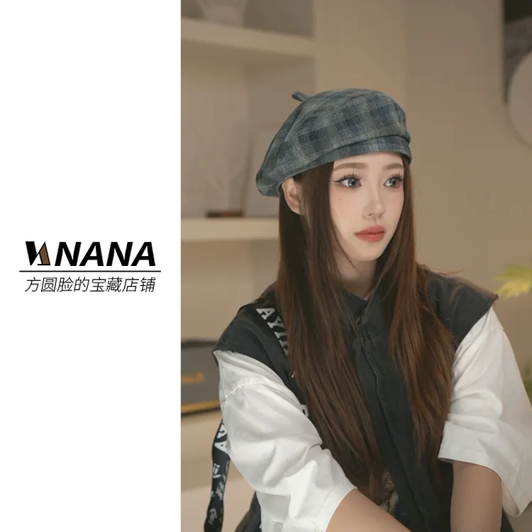 原创 四季佩戴搭配帽子 秋冬时尚格纹贝雷帽百搭保暖日系显脸小