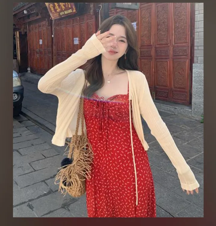 51135胖MM独特漂亮开春气质减龄吊带连衣裙开衫两件套