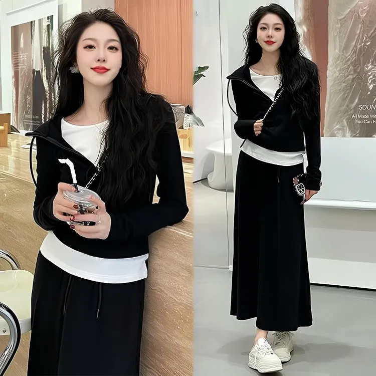 2025早春新款韩版气质休闲收腰连帽卫衣高腰显瘦半身裙时尚套装