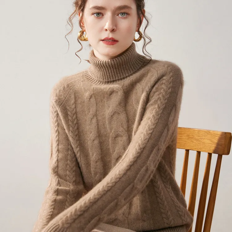清河纯高翻领羊绒衫女秋冬季加厚保暖毛衣宽松显瘦百搭针织打底衫