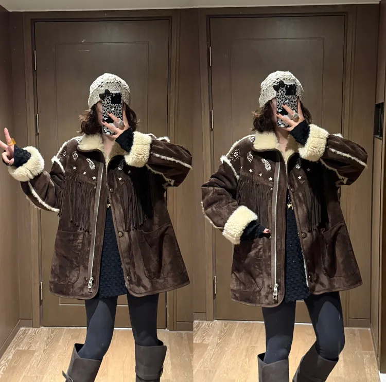 YDFSTUDIO小众【北岛初雪】欧货高品重工皮毛一体拼接设计时尚外套