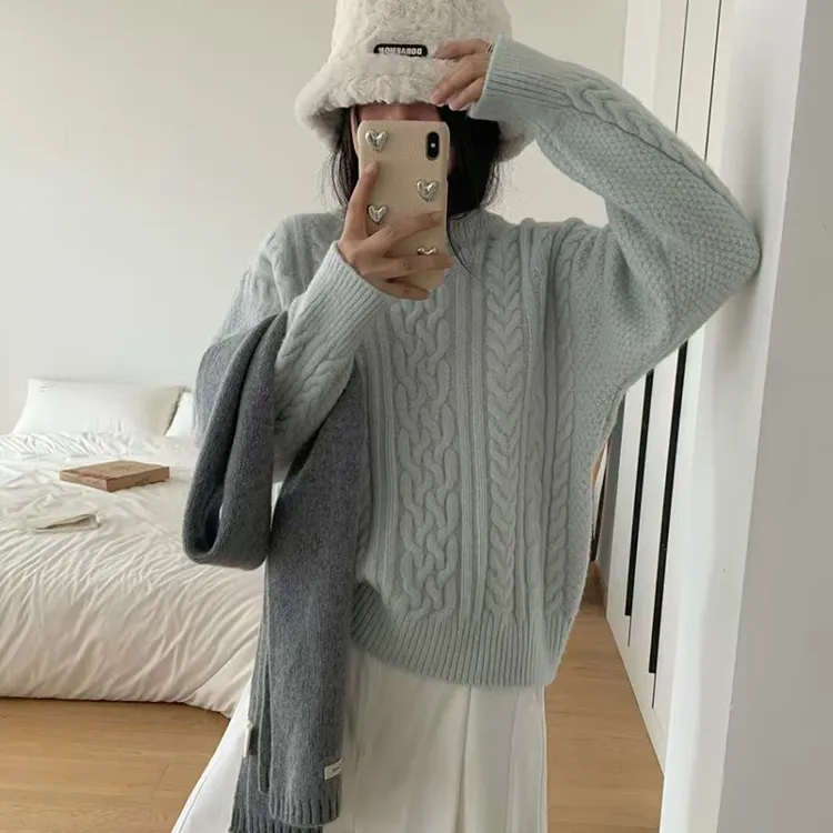 秋韩系复古圆领宽松套头毛衣慵懒风百搭加厚羊毛内搭针织衫上衣女