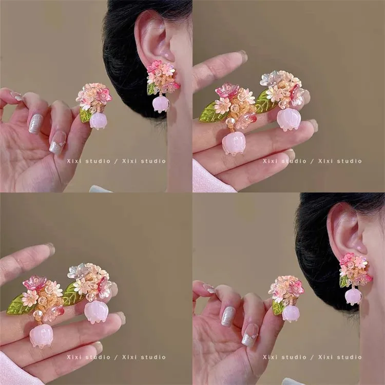 护花使者！粉色串珠耳环！森系甜美耳饰法式田园风轻奢耳钉盘发器