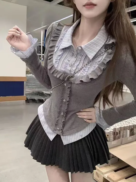 韩系学院风假两件拼接修身针织衫上衣女甜辣妹高腰百褶裙套装秋冬