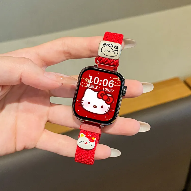 原创招财kt猫红色表带适用于applewatchS11苹果手表表带iwatchS10