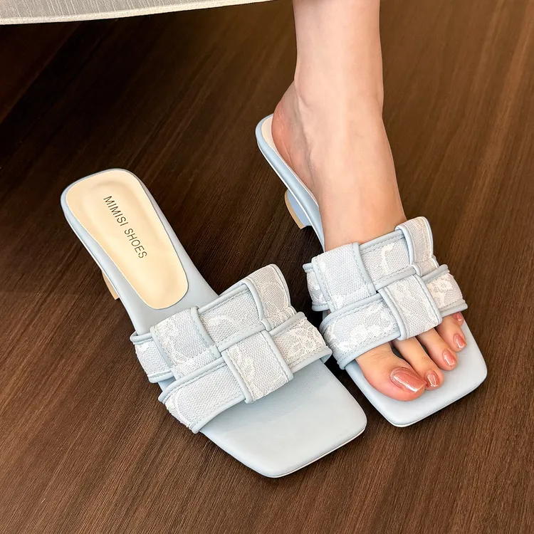 海盐织夏！蕾丝方头编织坡跟凉鞋女夏季方头外穿百搭仙女风穆勒鞋 