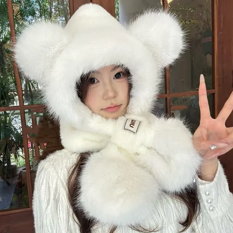 毛茸茸围脖一体帽子女冬季可爱保暖毛绒帽护耳防寒二合一学生网红