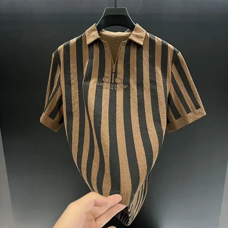 欧货顶奢高定大牌男装T恤2025夏季新款字母刺绣宽松条纹Polo衫潮