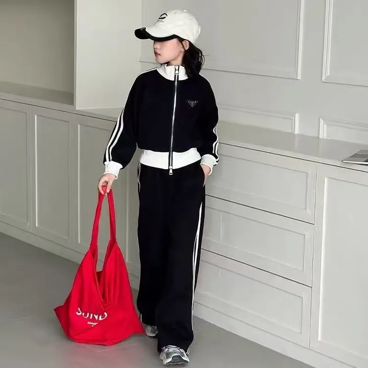 【现货】女童春秋款洋气套装2025新款中大童韩版立领外套阔腿运动装