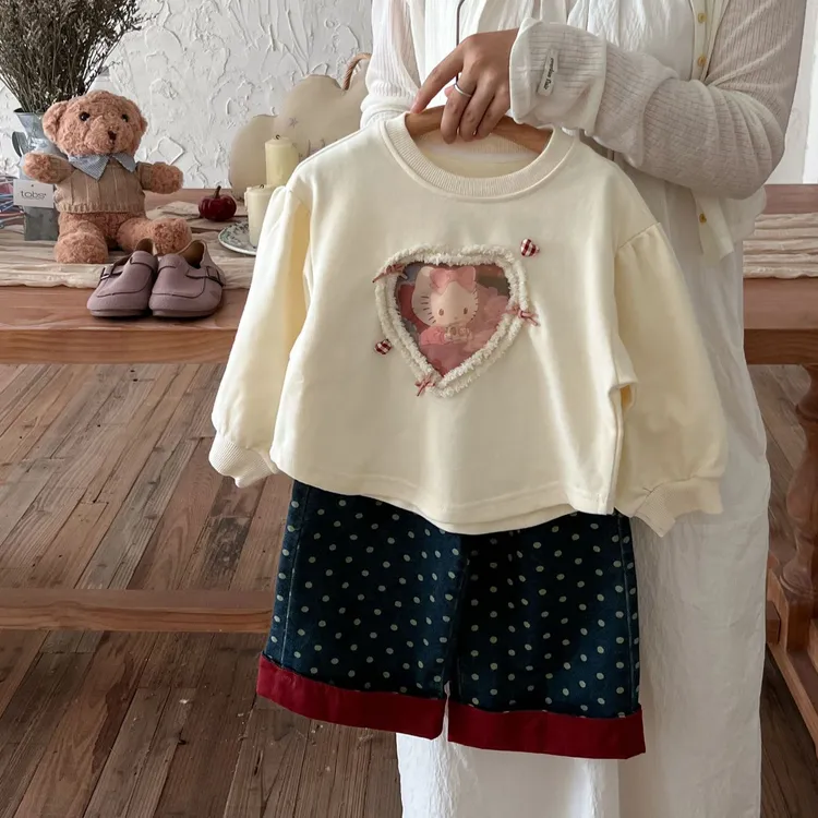 韩版女童套装2025秋季新款可爱卡通卫衣儿童甜美圆点牛仔裤阔腿裤