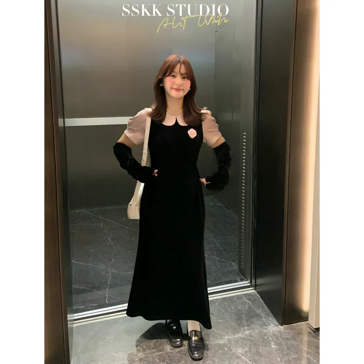 KMZY/KMZY山_山【韩女私藏】微胖韩版女装气质韩女丝绒假两件连衣裙