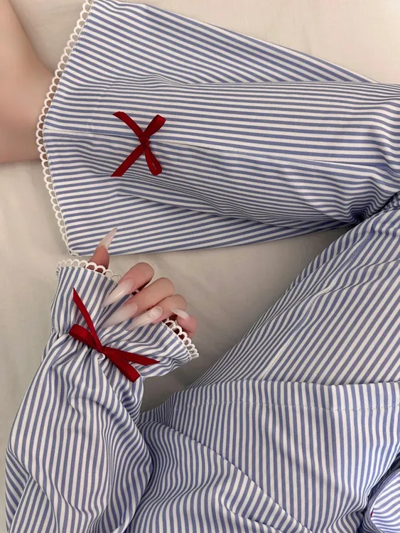 甜美少女蝴蝶结花边条纹睡衣女秋季新款长袖长裤套装可外穿家居服