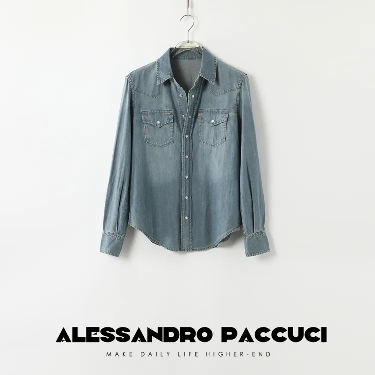 AP洛哥42020HC【浅湖】棉+亚麻翻领湖蓝色微收腰牛仔时尚百搭衬衫