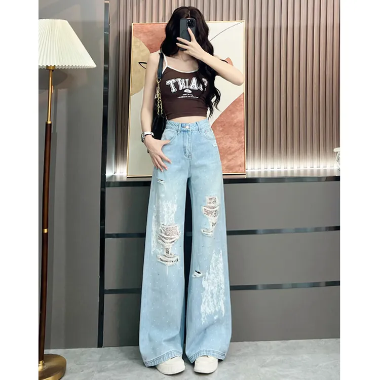 喜绚破洞烫钻蕾丝刷漆阔腿牛仔裤女2025年春夏新款薄款独特直筒裤