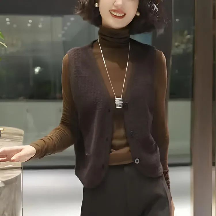 气质叠穿V领针织马甲套装女士无袖背心高领打底衫秋冬新款两件套