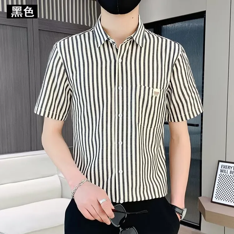 条纹高档短袖衬衫男士修身t恤百搭帅气口袋休闲薄款透气衬衣