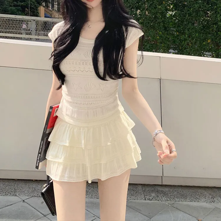 【奶油呼吸】韩系甜美少女2025夏季新款纯欲镂空针织背心配高腰短裙