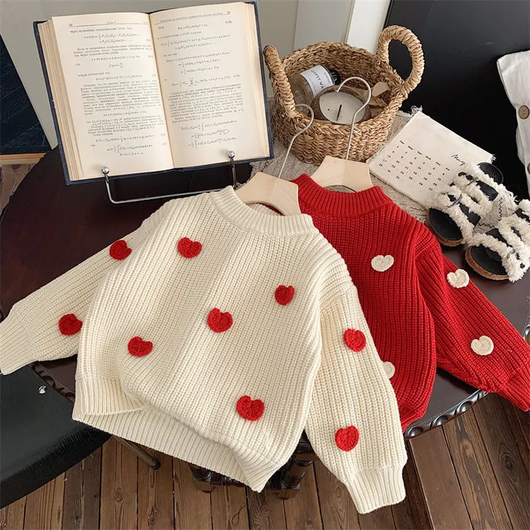 爱心针织加厚纯色波点毛衣2025秋冬新款打底衫宝宝新年装儿童上衣