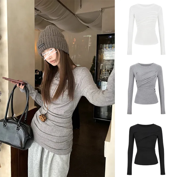 Moses Queen/魔西女王灰色掐腰抽褶长袖T恤百搭修身显瘦打底上衣
