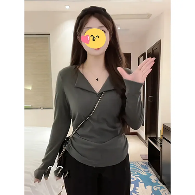 大码女装秋款胖mm百搭修身加厚保暖小心机正肩翻领打底T恤上衣女