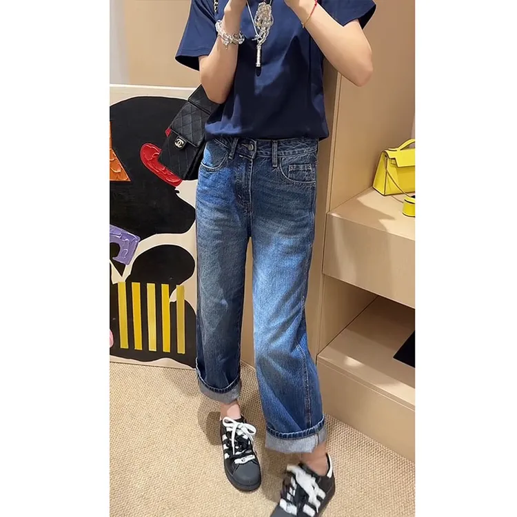 牛仔裤女2025早秋新款小个子时尚大码百搭高腰宽松显瘦直筒法棍裤