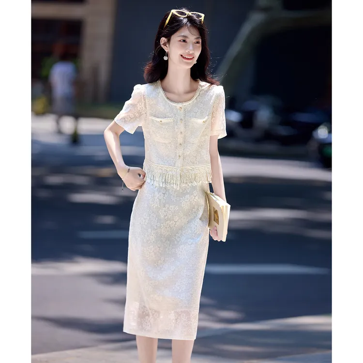 尚静小香风优雅气质套装裙女2025夏季新款绣花流苏衬衫高腰半身裙