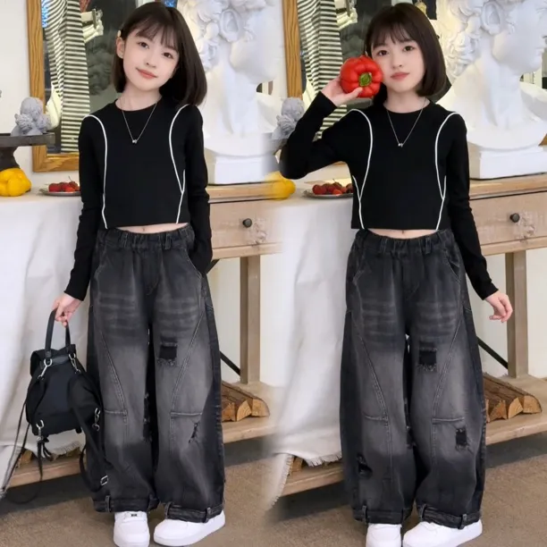 女童套装2025新款春装网红炸街洋气牛仔裤打底衫韩系穿搭儿童衣服