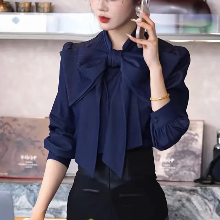 秋季新款女蓝色蝴蝶结长袖衬衫轻奢高级感收腰显瘦洋气减龄上衣