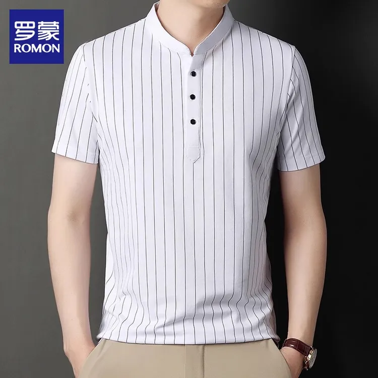 罗蒙冰丝男士短袖Polo衫2025夏季新款竖条纹翻领上衣休闲体恤男