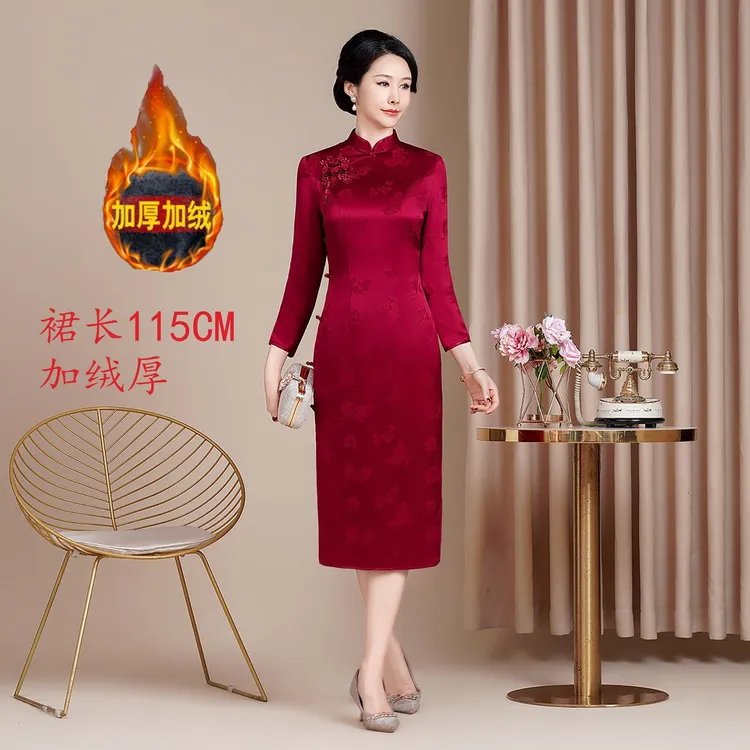 秋冬喜妈妈高档醋酸缎旗袍加绒连衣裙长款洋气喜婆婆结婚敬酒礼服