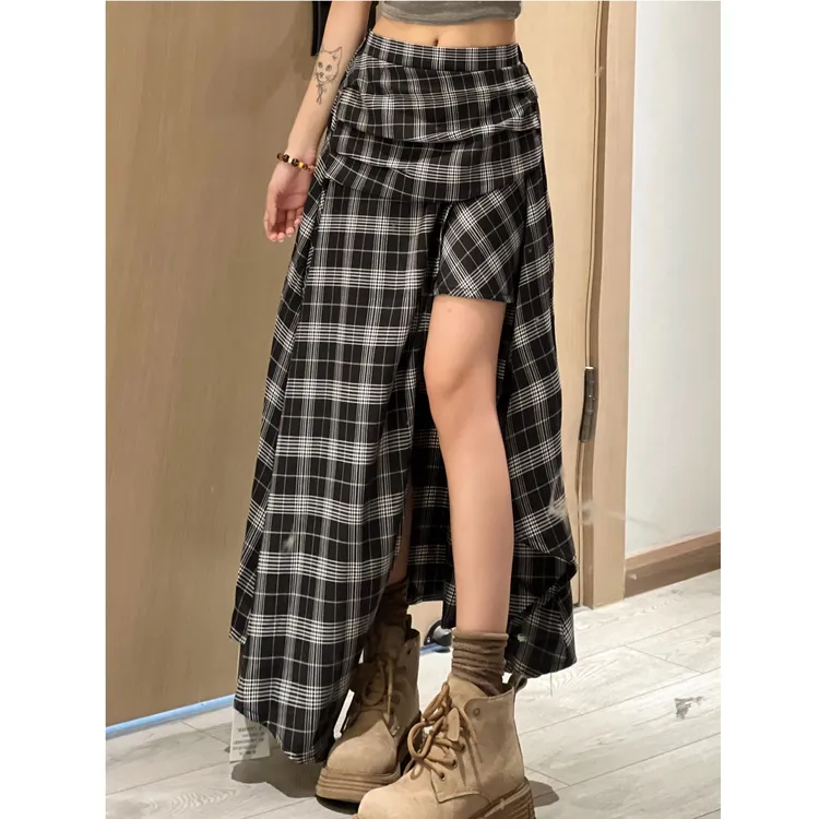 长裙设计感格纹不规则半身裙女2025年夏季新款开叉A字露腿裙子潮