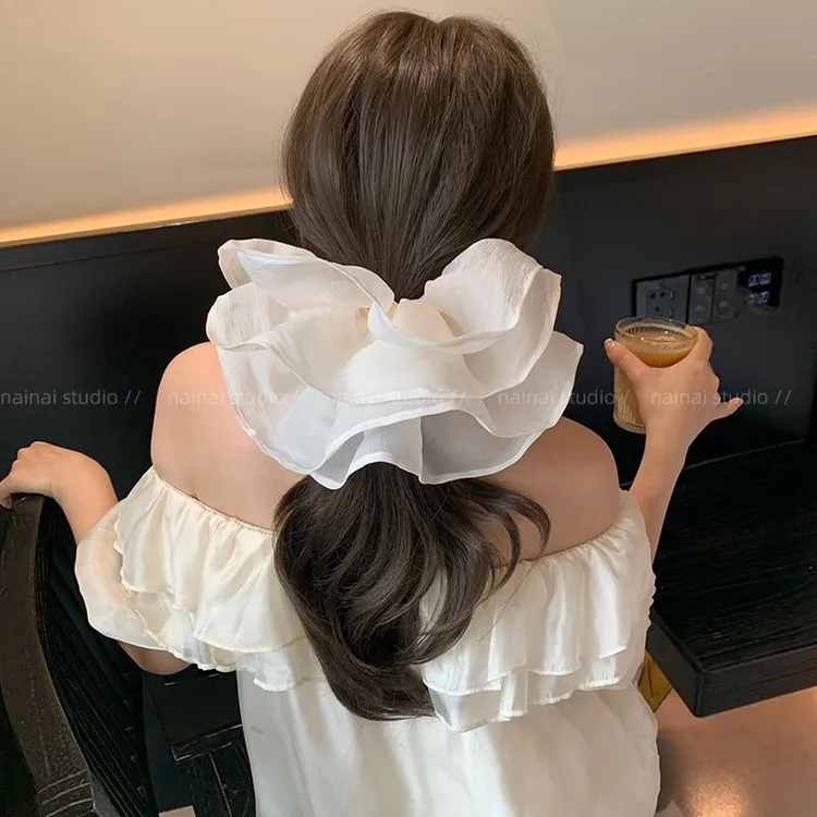 法式超大号褶皱双层网纱大肠发圈高级感扎马尾头花女2025新款头绳