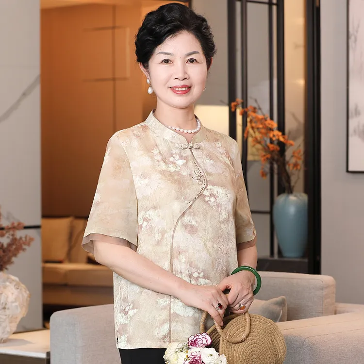 中老年妈妈夏季新款新中式国风T恤女老人奶奶太太夏季薄款上衣服