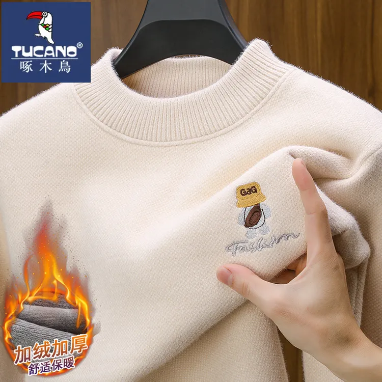啄木鸟刺绣中青年雪尼尔半高领毛衣男秋冬季加绒保暖百搭针织衫