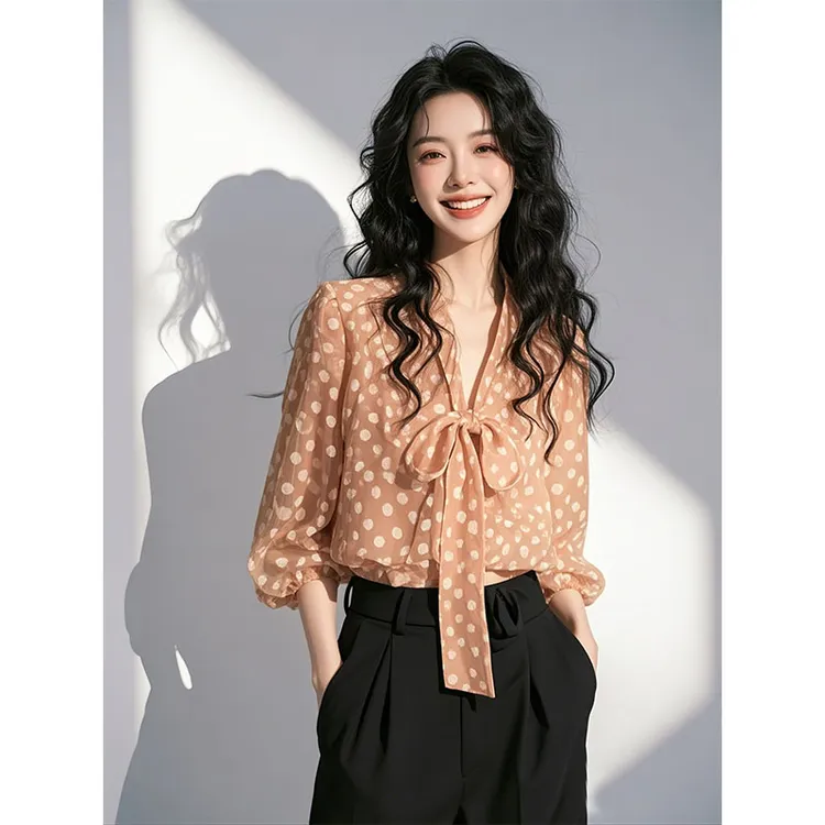 2025爆款小衫法式重要场合气质上衣橘色波点蝴蝶结系带衬衫女春季