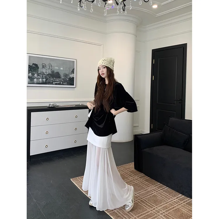 黑色宽松短袖T恤高腰显瘦网纱半身裙两件套女2025夏季时尚潮流套