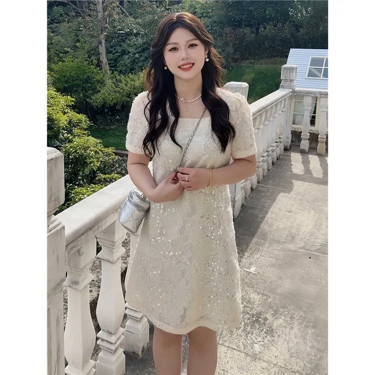 大码小香风重工亮片连衣裙女夏季新款微胖mm宽松高冷御姐气质裙子