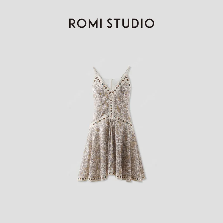 ROMI STUDIO“复古优雅”民族风手绘印花V领吊带连衣裙 RWCRLY3084