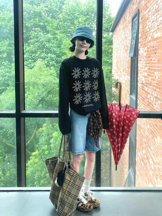 WRXS  黑色休闲百搭纯棉长袖t恤女设计感别致美式慵懒松弛感上衣