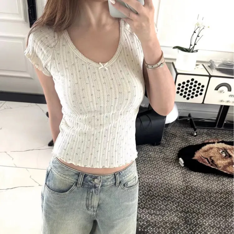 cookadaily人鱼 修身气质减龄波浪花边圆领蝴蝶结短袖上衣t恤女 