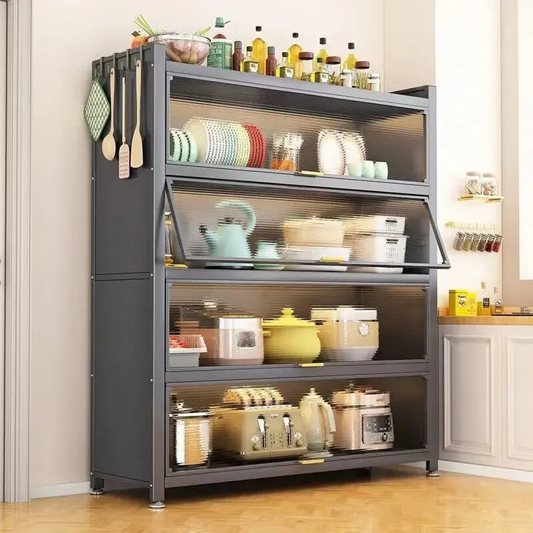 家用钢制置物架落地多层家用收纳储物柜多功能微波炉烤箱碗筷柜子