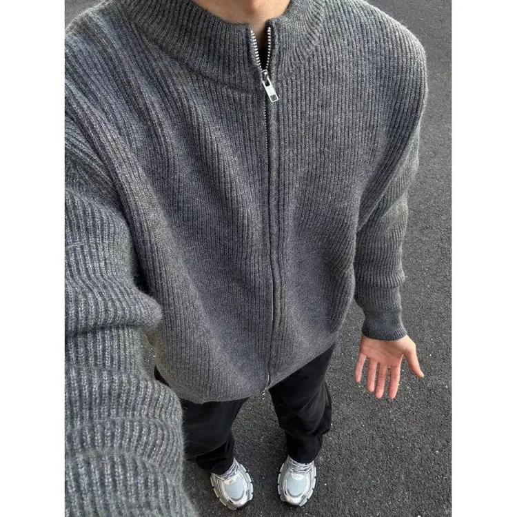 拉链立领针织开衫毛衣男秋冬加厚纯色内搭修身打底衫美式复古外套