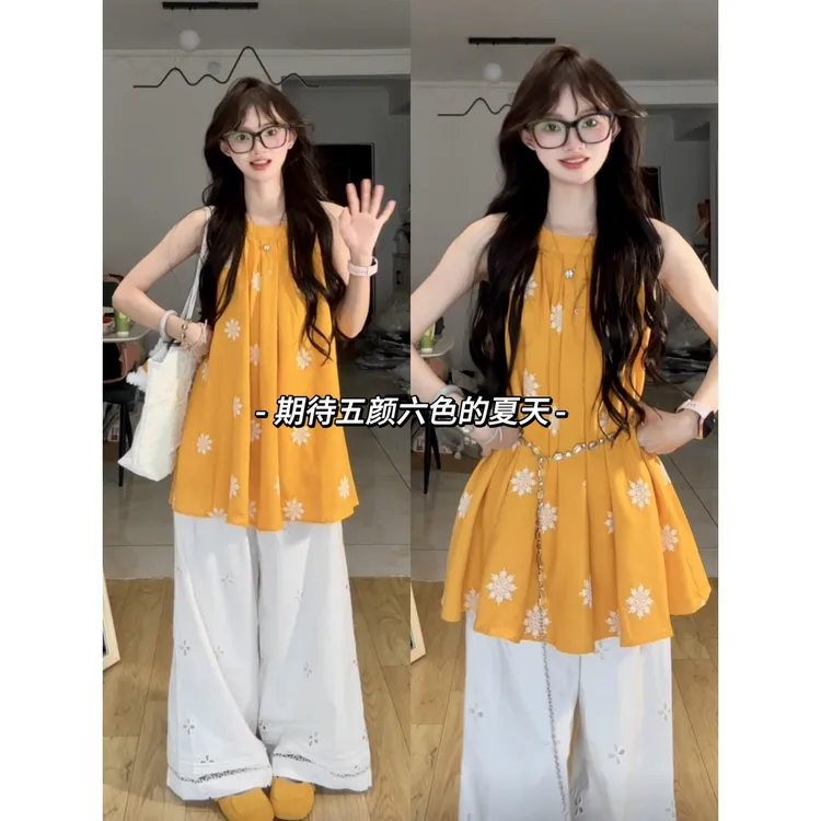 夏季绝美挂脖宽松背心上衣重工钩花宽松休闲阔腿裤两件套