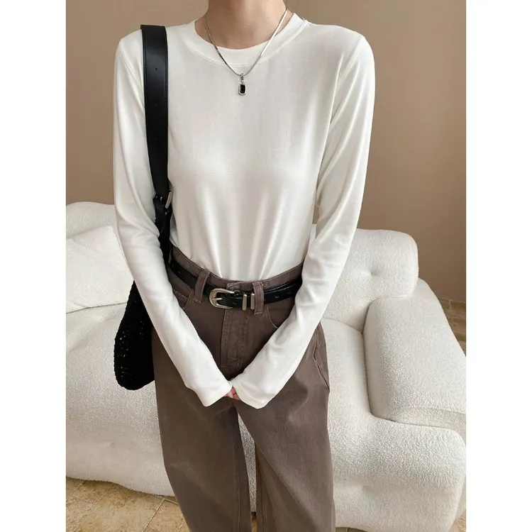 慵懒感简约百搭纯色圆领正肩显瘦打底修身长袖T恤韩版女士