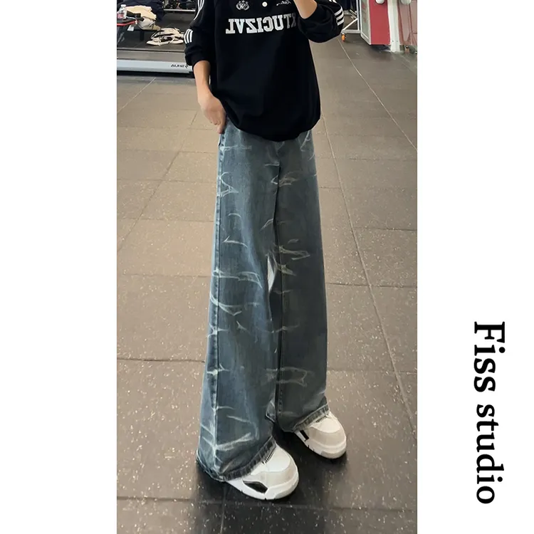 美式阔腿牛仔裤猫须做旧vintage直筒宽松水洗波纹日系街头设计感