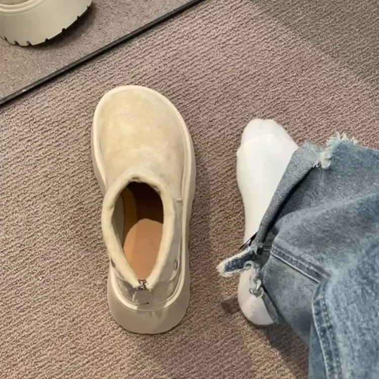 复古风绒面温柔奶杏色勃肯短靴女小个子圆头厚底显腿长增高马丁靴