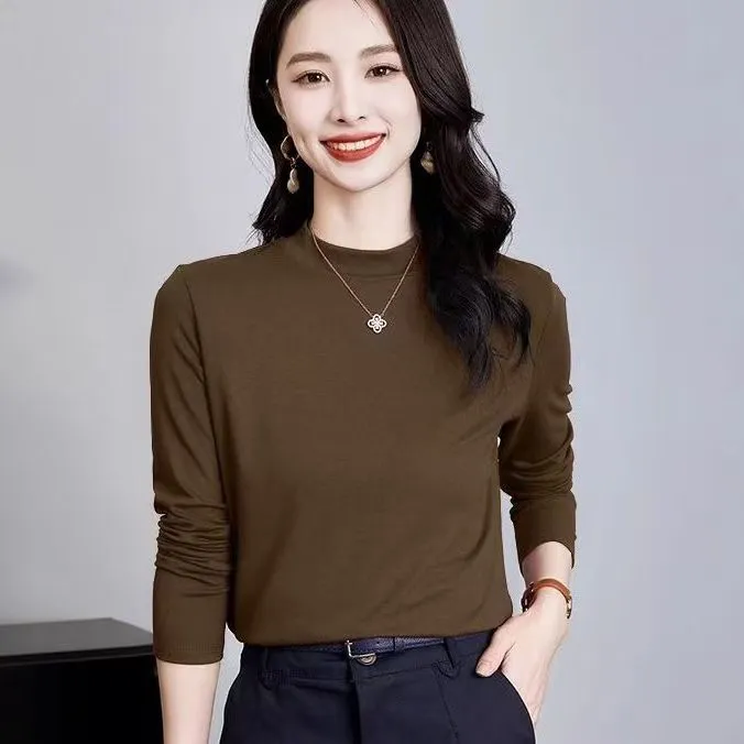 洋气简约小众半高领长袖T恤秋冬新款纯棉螺纹修身显瘦打底衫上衣