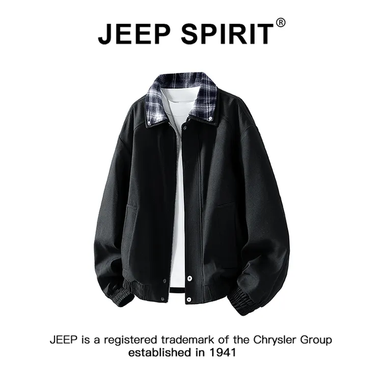 JEEPSPIRIT吉普潮流格纹翻领夹克男士秋季复古风日常通勤宽松外套