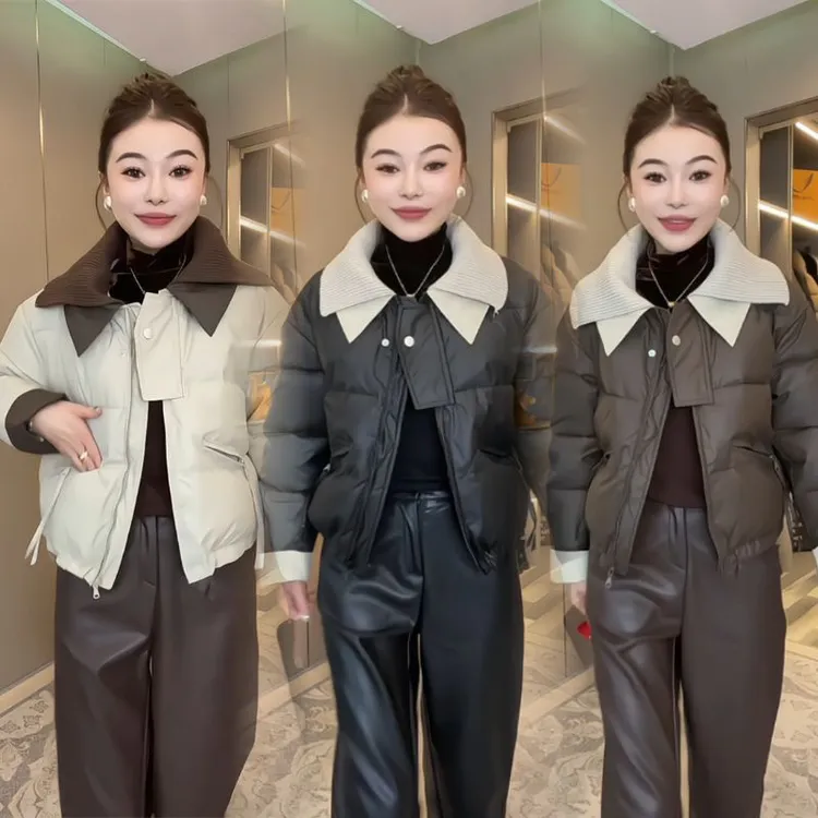 冬季新款针织翻领拼接短款加厚保暖女士棉服网红